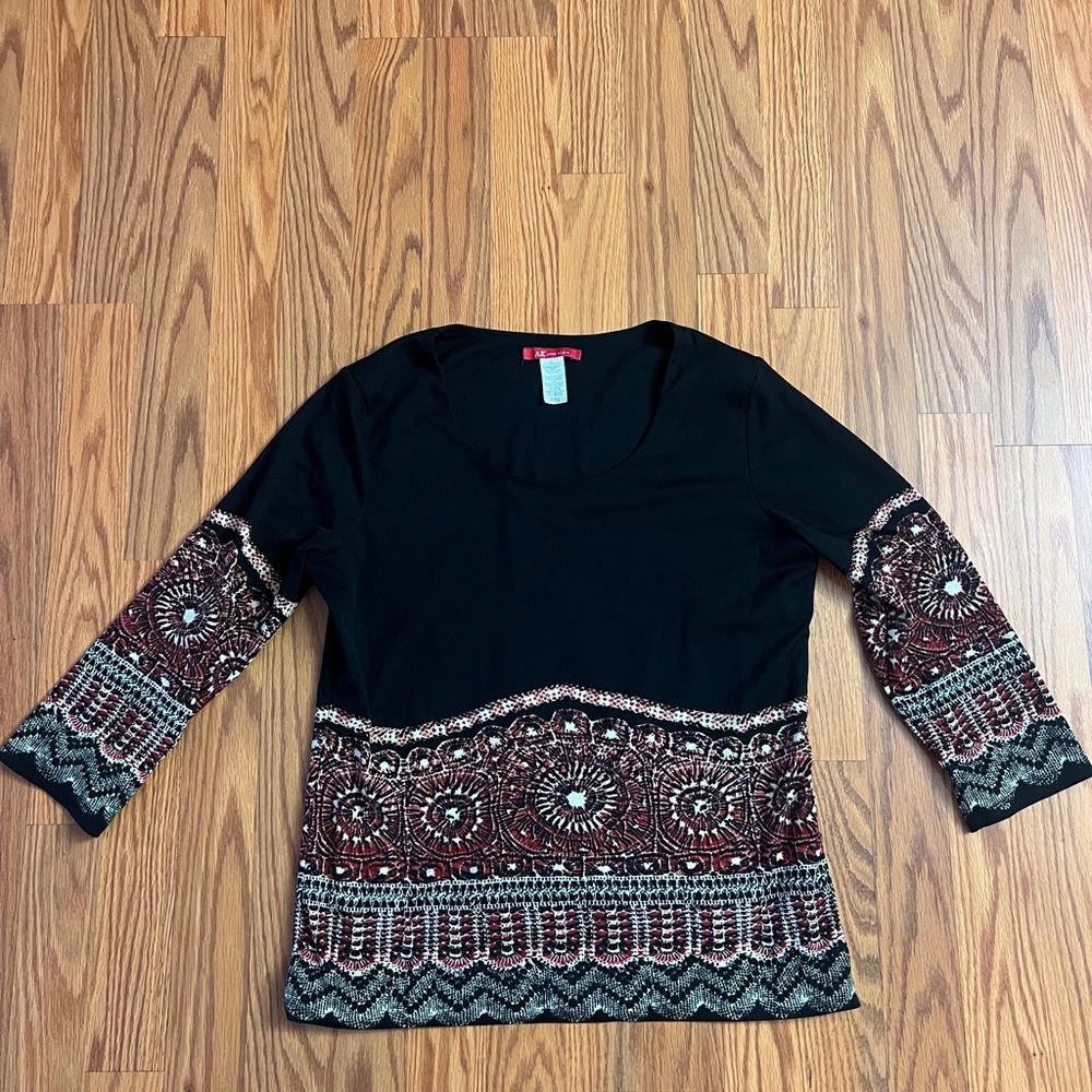Anne Klein Top Size petite large Black Red Ivory Scoop Neck 3/4 Sleeve